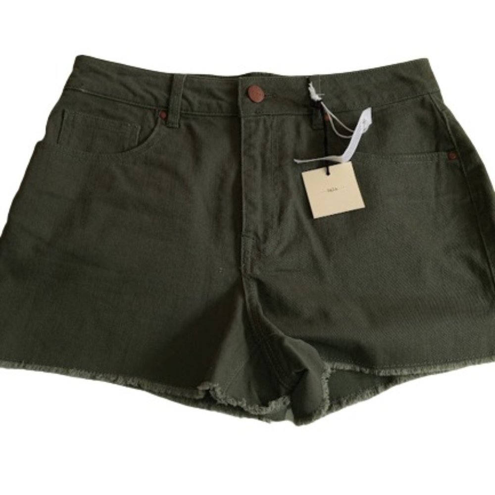TGLA Womens Shorts Olive Green Denim High Rise Raw Hem 27 New